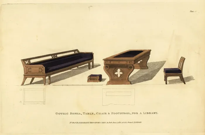Framed Print : Gothic sofa, table, chair and footstool for a library, 1810 Framed Print : Gothic sofa, table, chair and footstool for a library, 1810
