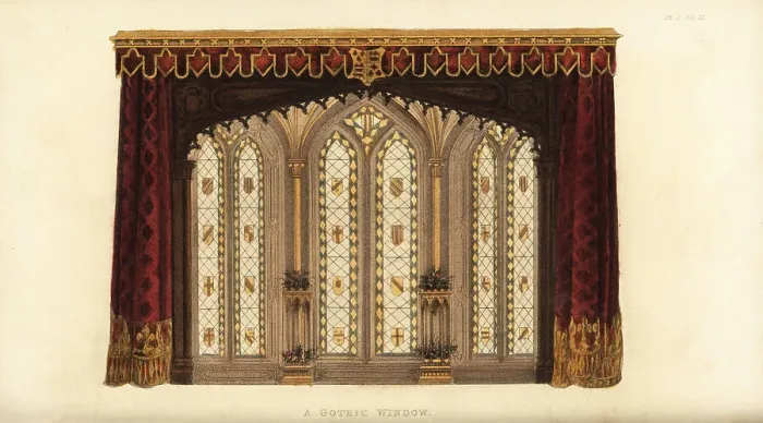Framed Print : A Gothic window curtain Framed Print : A Gothic window curtain