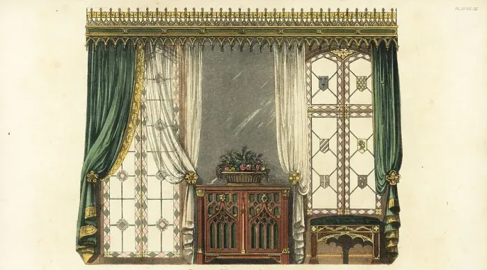 Framed Print : Gothic window curtain Framed Print : Gothic window curtain