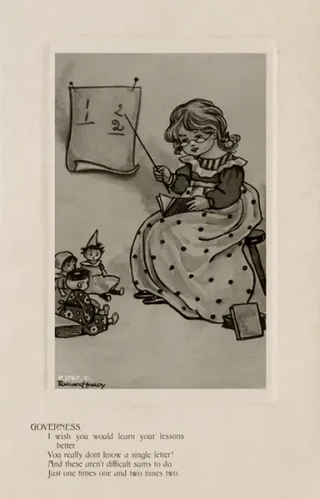 Framed Print : Governess. Young girl dressed as the governess, teaching her dolls to count Framed Print : Governess. Young girl dressed as the governess, teaching her dolls to count