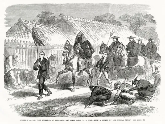 Framed Print : The governor of Kanagawa and his suite ride through the streets