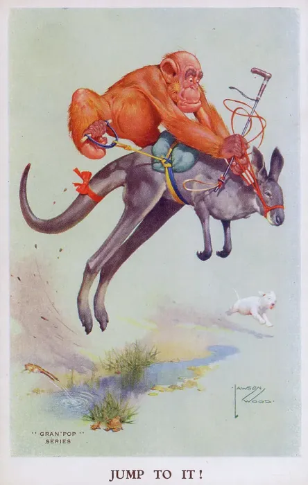 Framed Print : Gran pop the orangutan monkey riding a Kangaroo Framed Print : Gran pop the orangutan monkey riding a Kangaroo