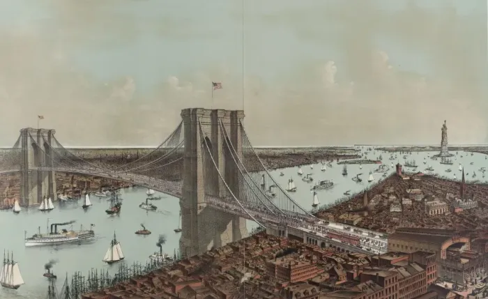 Framed Print : Grand birds eye view of the Great East River suspension brid Framed Print : Grand birds eye view of the Great East River suspension brid