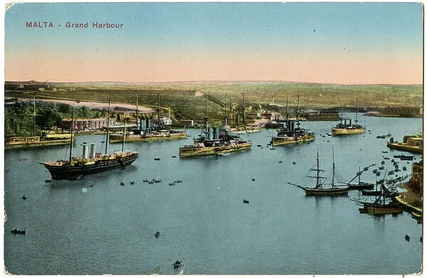 Grand Harbour at Malta, with battleships and Royal Yacht