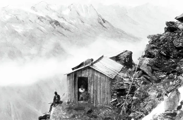 Framed Print : Grand Mulet cabin on Mont Blanc, hand coloured photo Framed Print : Grand Mulet cabin on Mont Blanc, hand coloured photo