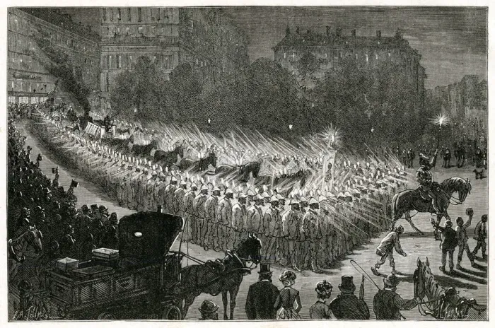 Framed Print : Grand procession with Edisons electric lamps, New York, USA Framed Print : Grand procession with Edisons electric lamps, New York, USA