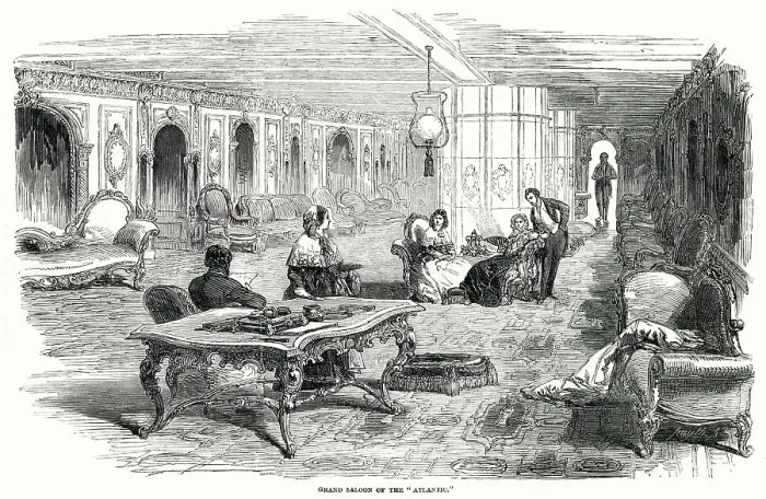 Framed Print : The Grand Saloon of the Atlantic steamship Atlantic with plenty of sofas on which passengers may make themselves comfortable. Date: 1850 Framed Print : The Grand Saloon of the Atlantic steamship Atlantic with plenty of sofas on which passengers may make themselves comfortable. Date: 1850