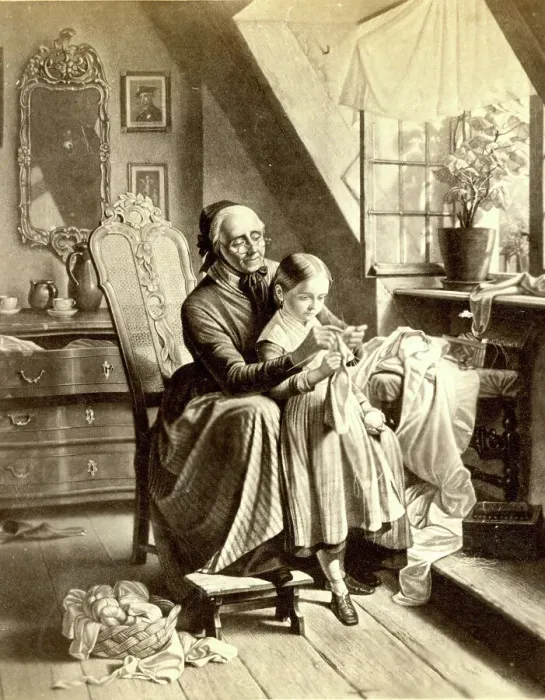 Framed Print : Grandmother giving little girl a knitting lesson Framed Print : Grandmother giving little girl a knitting lesson