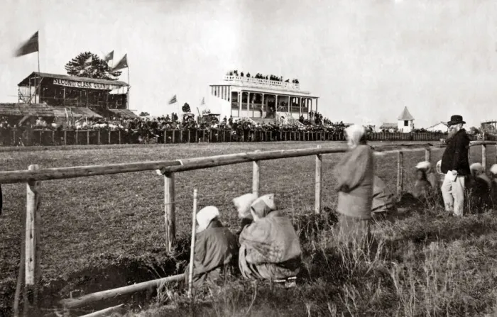 Framed Print : The grandstand, Yokohama Racecourse, Japan, 1870s. Date: 1870s Framed Print : The grandstand, Yokohama Racecourse, Japan, 1870s. Date: 1870s