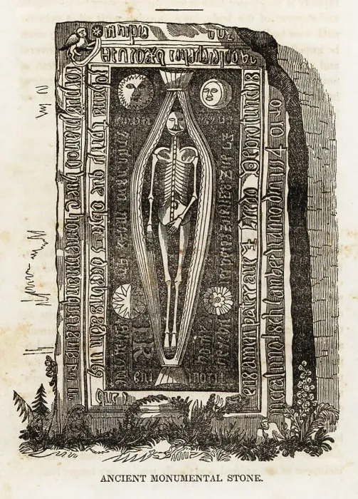 Framed Print : Gravestone with skeleton inside a tied shroud, 12th century Framed Print : Gravestone with skeleton inside a tied shroud, 12th century