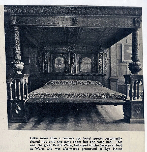 The Great Bed of Ware, once belonging to the Saracen's Head Inn, was later kept at Rye House. Nowadays it resides at the V&A Museum. Date: circa 1954