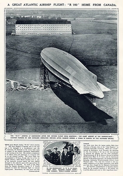 The great British R 100 arrived at Cardington after return flight from Montreal, in 78 hours. The damaged fin in a thunderstorm over the St. Lawrence, left Montreal on her return flight early on August 14th and reached Cardington