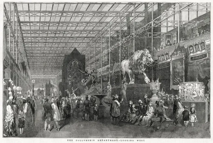Framed Print : Great Exhibition in Hyde Park. The Zollverein department, looking west. Date: 1851 Framed Print : Great Exhibition in Hyde Park. The Zollverein department, looking west. Date: 1851