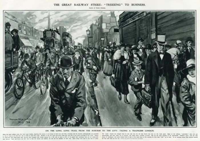 Framed Print : Great railway strike, trekking to business 1919