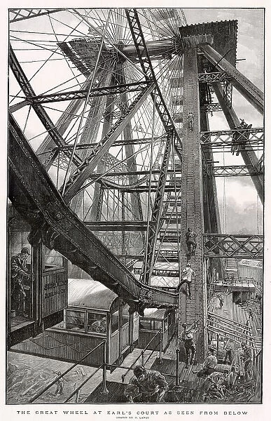 The Great Wheel at Earl's Court, London, seen from below: the cabin on the left is a Smoking Saloon, a feature not found on more recent wheels Date: 1895