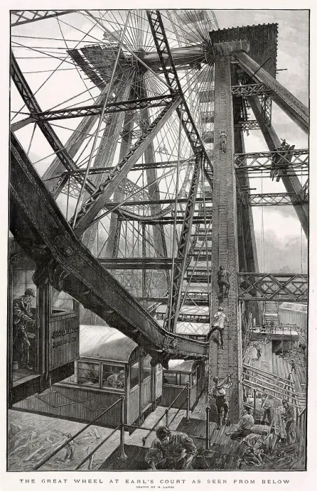 Framed Print : The Great Wheel at Earl's Court, London, seen from below: the cabin on the left is a Smoking Saloon, a feature not found on more recent wheels Date: 1895 Framed Print : The Great Wheel at Earl's Court, London, seen from below: the cabin on the left is a Smoking Saloon, a feature not found on more recent wheels Date: 1895
