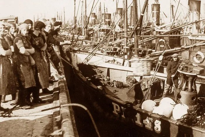 Framed Print : Great Yarmouth herring fleet and fish girls early 1900s Framed Print : Great Yarmouth herring fleet and fish girls early 1900s