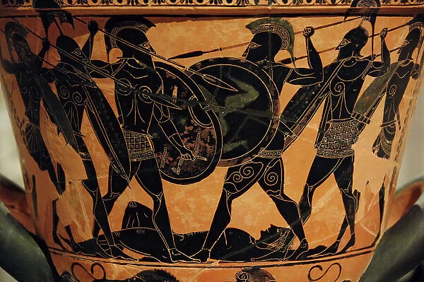 Greek art. Attic krater painted with black figures represent
