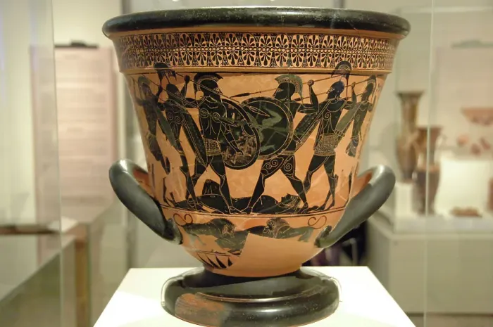 Framed Print : Greek art. Attic krater painted with black figures represent Framed Print : Greek art. Attic krater painted with black figures represent