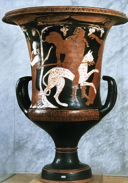 Greek art. Crater with red figures. Man riding on a panther