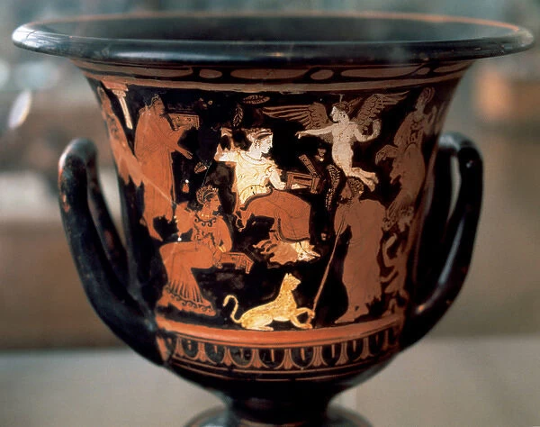 Greek art. Krater depicting parties idle. Dated to 4th centu