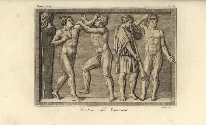 Framed Print : Greek athletes competing in the martial art of Pankration Framed Print : Greek athletes competing in the martial art of Pankration