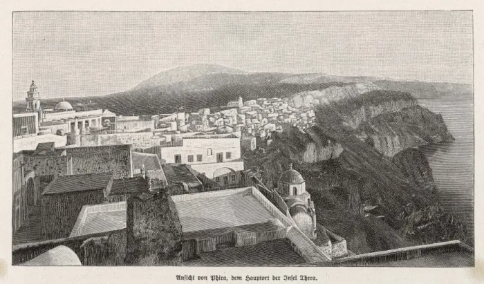 Framed Print : THERA. The Greek island of THERA which according to some theorists is the Framed Print : THERA. The Greek island of THERA which according to some theorists is the