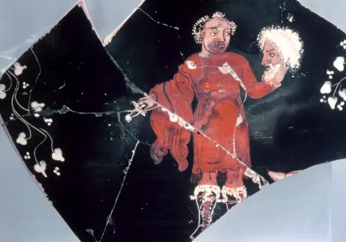 Framed Print : Greek krater dated c. 350 BC. An actor removing his mask aft Framed Print : Greek krater dated c. 350 BC. An actor removing his mask aft