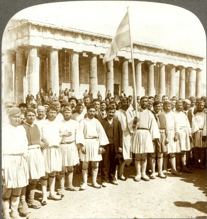 Framed Print : Greek peasant army recruits in front of Temple of Theseus Framed Print : Greek peasant army recruits in front of Temple of Theseus