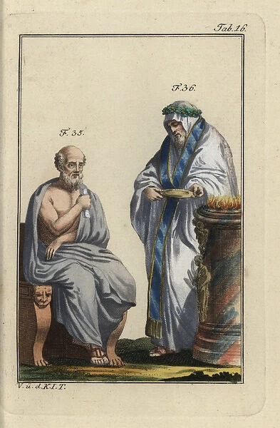 Greek philosopher and Greek priest with offering bowl