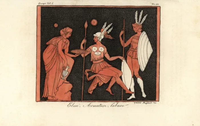 Framed Print : Greek warriors in helmets, armour, and labarum standards