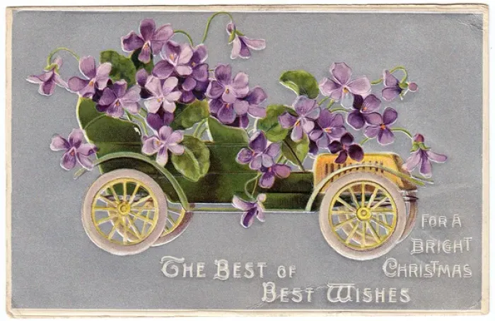 Framed Print : Green car full of flowers on a Christmas postcard Framed Print : Green car full of flowers on a Christmas postcard