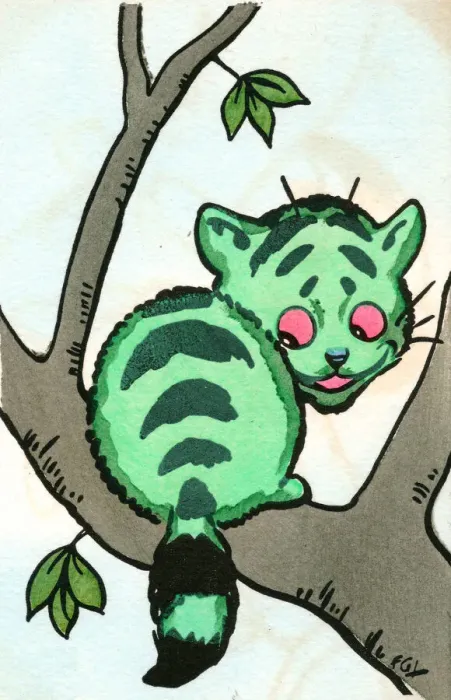 Framed Print : Green cat in a tree on a postcard Framed Print : Green cat in a tree on a postcard