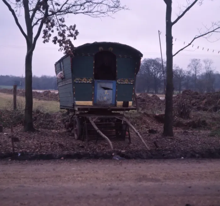 Framed Print : Green gipsy caravan at the side of the road Framed Print : Green gipsy caravan at the side of the road