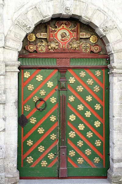 Green, gold and red decorated door