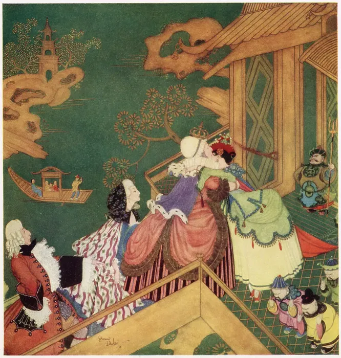 Framed Print : The Green Serpent, a French fairy tale. Laideronnette kissed and embraced the good Fairy Protectress. Illustration by Edmund Dulac. Date: 1916 Framed Print : The Green Serpent, a French fairy tale. Laideronnette kissed and embraced the good Fairy Protectress. Illustration by Edmund Dulac. Date: 1916