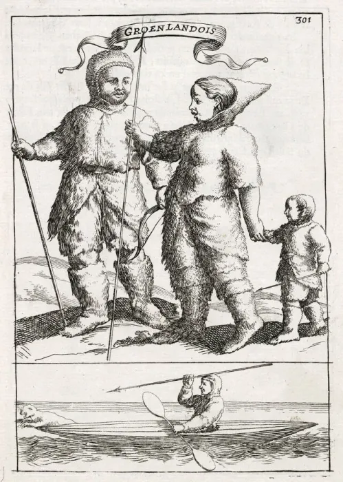 Framed Print : GREENLANDERS An eskimo family, and a hunter in his kayak. Date: 1719 Framed Print : GREENLANDERS An eskimo family, and a hunter in his kayak. Date: 1719