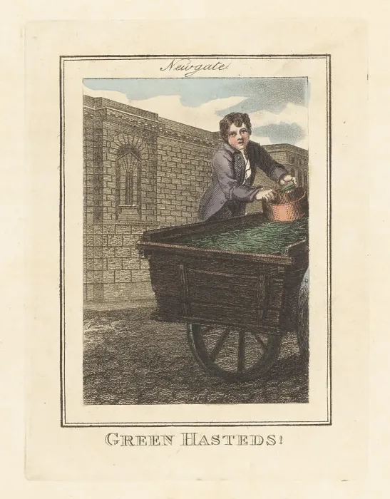 Framed Print : Greenpea seller in front of Newgate Prison, London, 1805 Framed Print : Greenpea seller in front of Newgate Prison, London, 1805