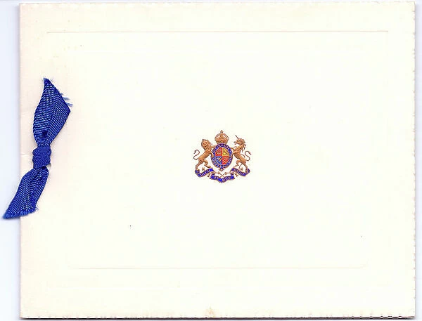Greetings card with blue ribbon and British coat of arms