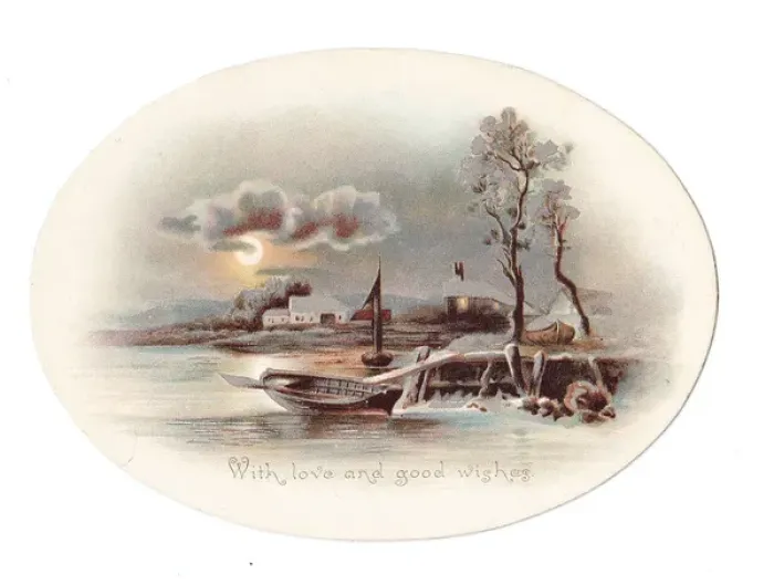 Framed Print : Greetings card with river scene in moonlight Framed Print : Greetings card with river scene in moonlight