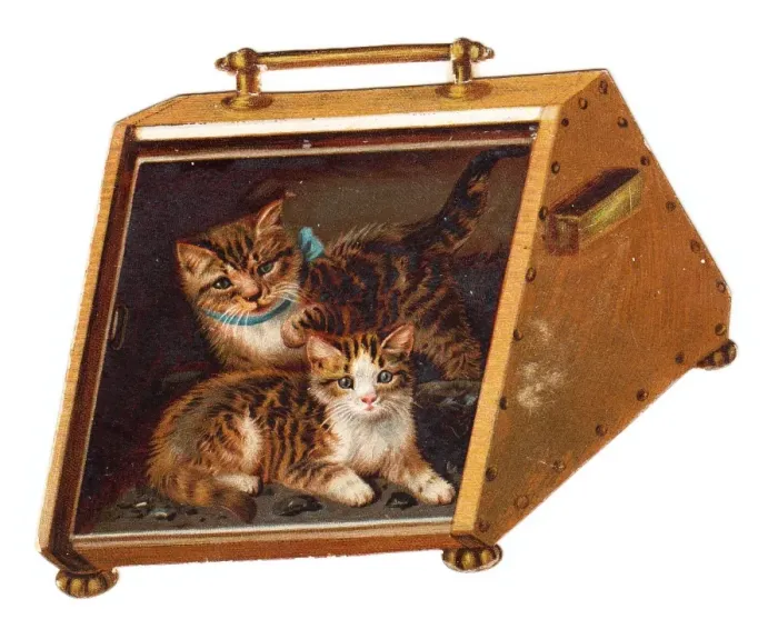 Framed Print : Greetings card in the shape of a coal scuttle with cats Framed Print : Greetings card in the shape of a coal scuttle with cats