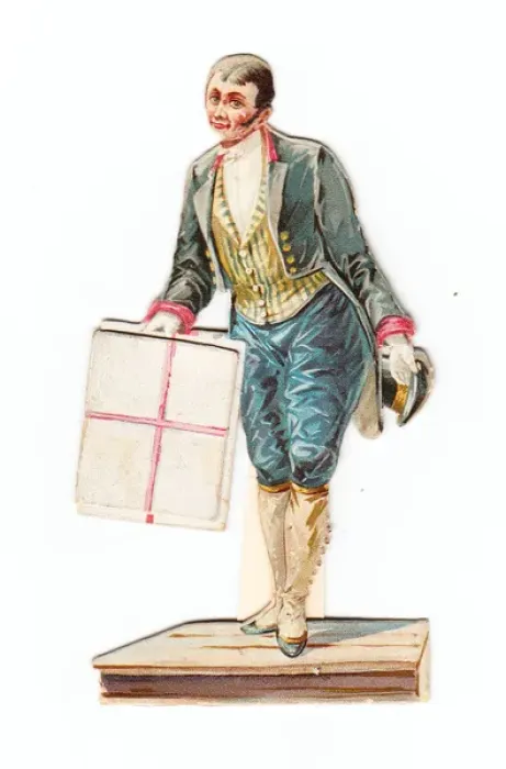 Framed Print : Greetings card in the shape of a footman with a parcel Framed Print : Greetings card in the shape of a footman with a parcel
