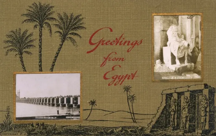 Framed Print : Greetings from Egypt - Dam on the Nile and Greek Statue Framed Print : Greetings from Egypt - Dam on the Nile and Greek Statue