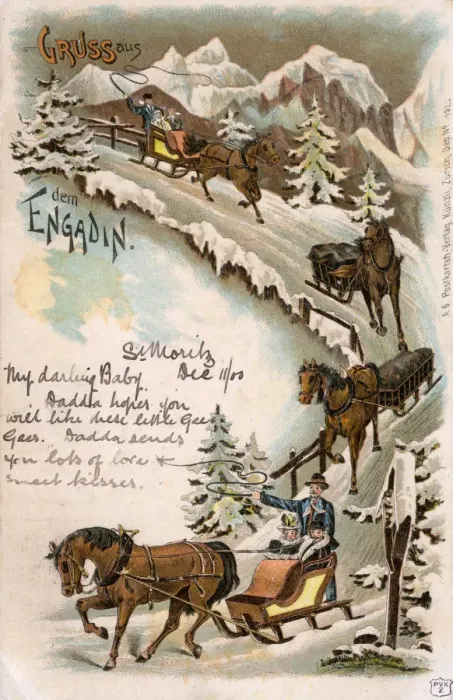 Framed Print : Greetings postcard - Sledges in The Engadin Framed Print : Greetings postcard - Sledges in The Engadin