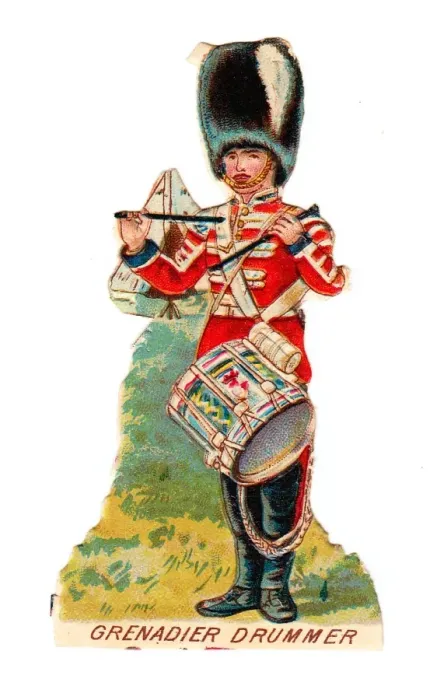 Framed Print : Grenadier guardsman drumming on a Victorian scrap Framed Print : Grenadier guardsman drumming on a Victorian scrap