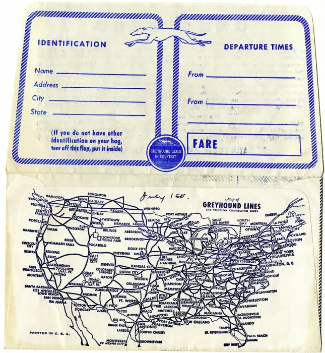 Framed Print : Greyhound Lines, ticket wallet including USA routes map Framed Print : Greyhound Lines, ticket wallet including USA routes map