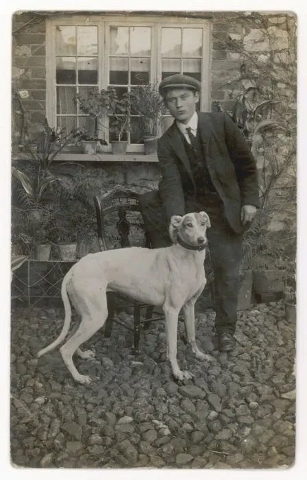 Framed Print : GREYHOUND AND OWNER Framed Print : GREYHOUND AND OWNER