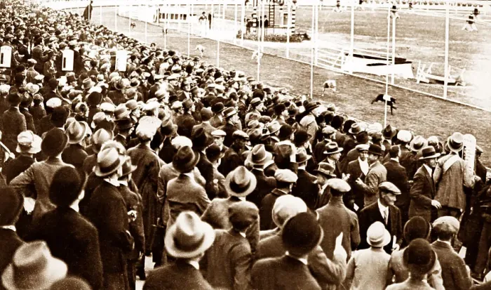 Framed Print : Greyhound racing track, early 1900s Framed Print : Greyhound racing track, early 1900s
