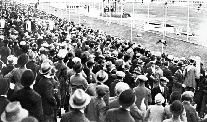 Framed Print : Greyhound racing track, early 1900s Framed Print : Greyhound racing track, early 1900s