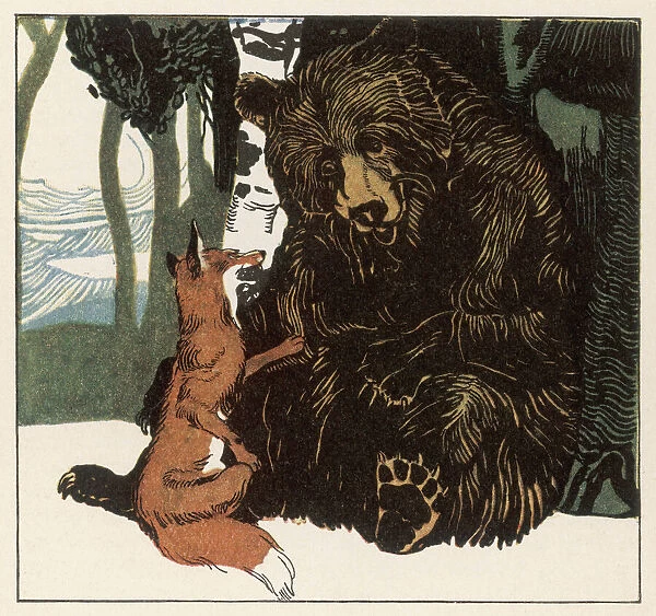 Grimm / Wren & Bear. A scene from the story showing a fox in conversation with the bear